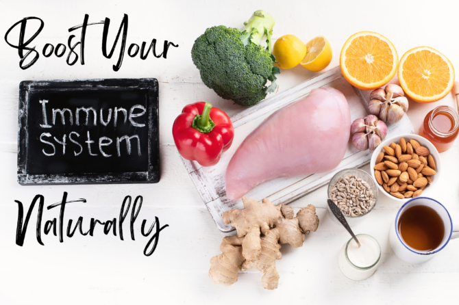 Boost your immune system naturally - broccoli, lemon, red pepper, chicken, ginger, nuts, health foods