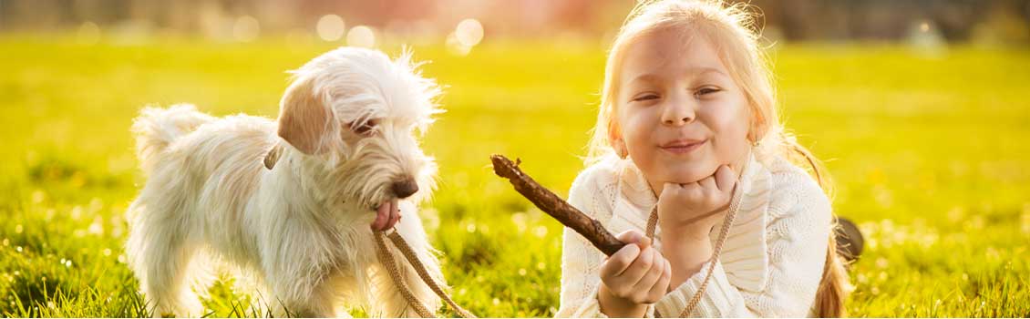 young girl playing in the grass with her dog - pharmacy for pets